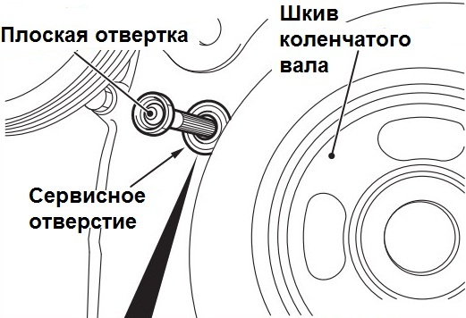Установка плоской отвертки в сервисное отверстие в крышке цепи привода ГРМ двигателя 4B12 Peugeot 4007