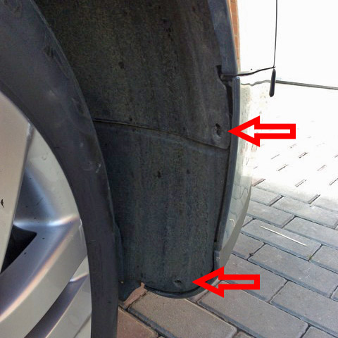 Расположение винтов переднего подкрылка переднего колеса Volkswagen Passat B6 2005-2010