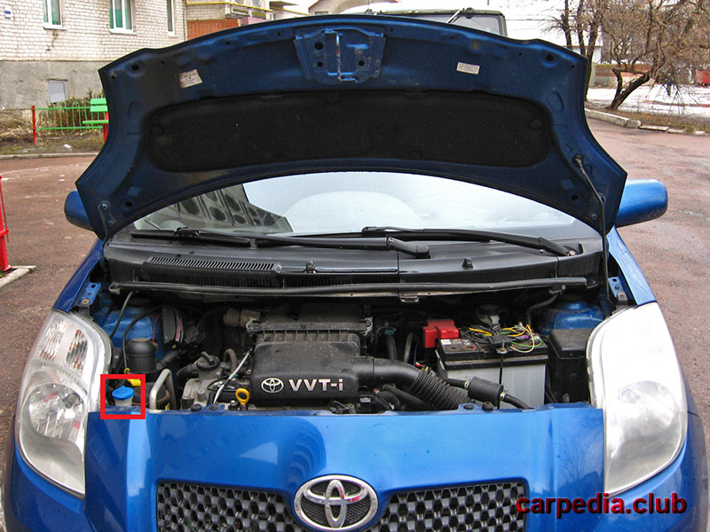 Расположение наливной горловины бачка омывателя Toyota Yaris II