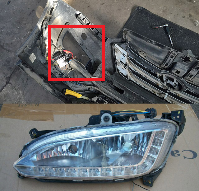 Снять бампер и противотуманную фару 92201-2W020 92202-2W020 на автомобиле Hyundai Santa Fe III DM